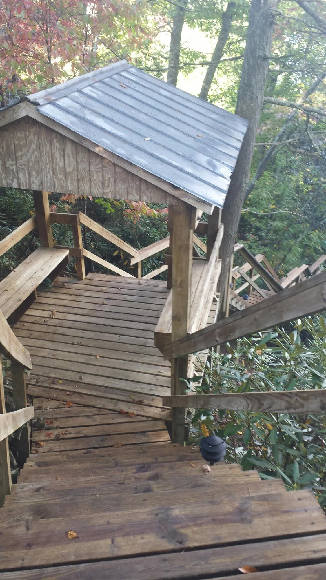 Metal roofed shelter over wooden steps on a wooded walkway — Skylight Repair & Installation work by our crew in Hurdle Mills